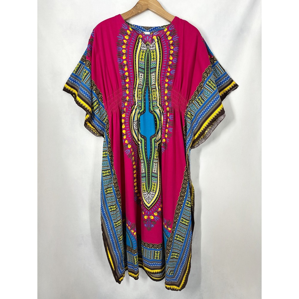Vintage Bohemian Short Sleeve Dashiki Print Pink Kaftan‎ Dress Size M/L/XL/XXL